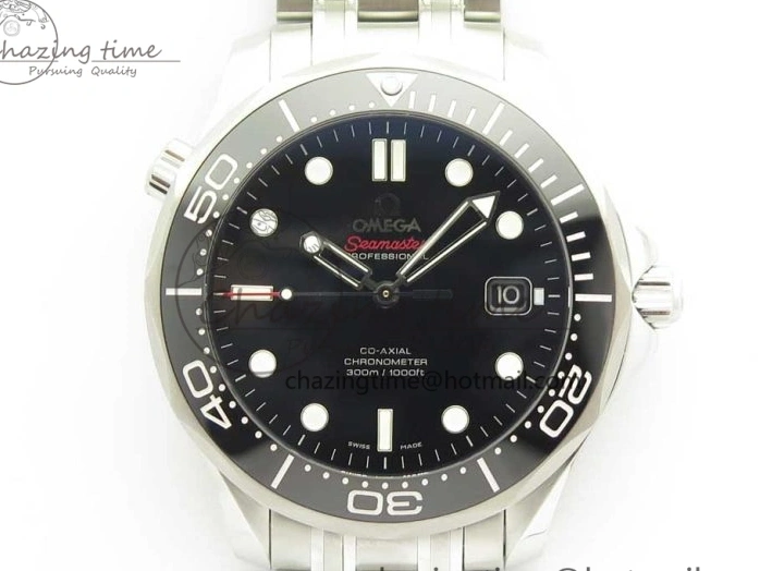 0227 HighQuality Seamaster 300M Chronometer SS Black OMF 1:1 Best Edition on SS Bracelet A2824 (Black Balance Wheel) V 7954